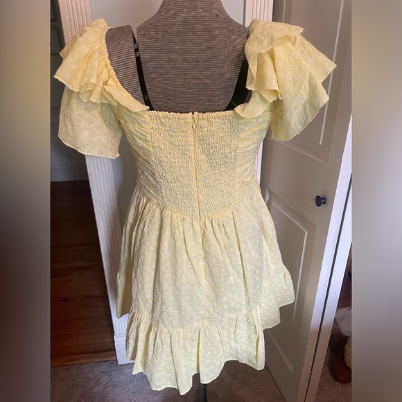 AQUA V-Neck Ruffled Eyelet Mini Dress Women's Large Yellow Short Flutter Sleeve - Picture 10 of 15